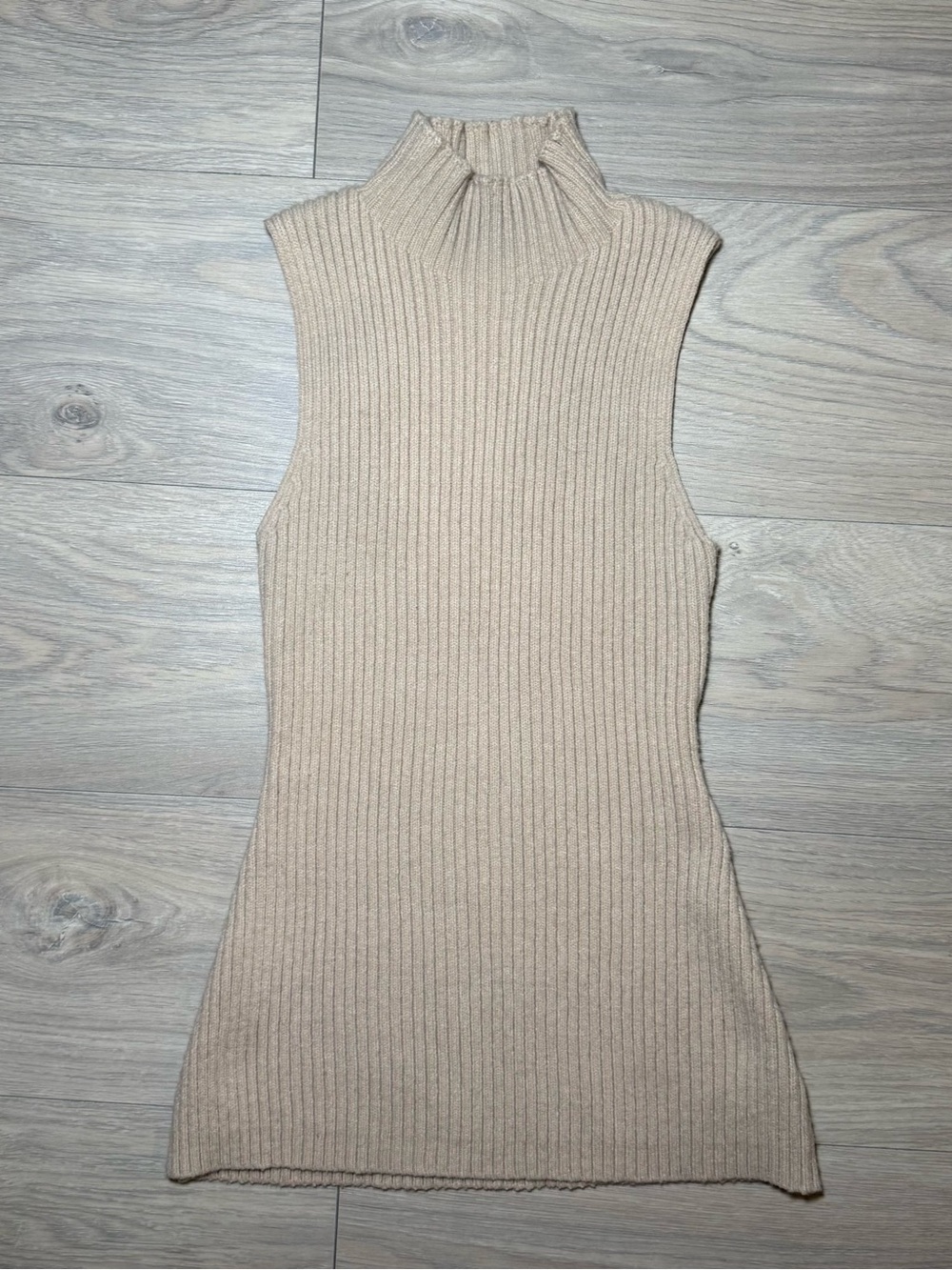 Commense Ribbed Sleeveless Mock Neck Tank Top in Beige